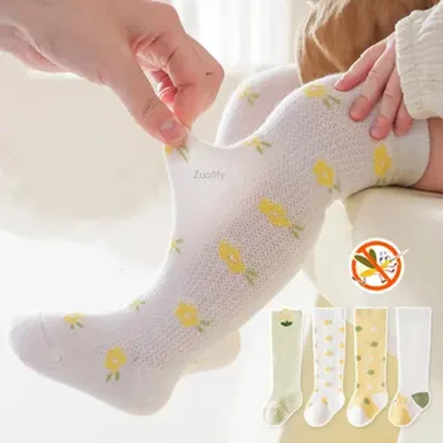 Tất dài đến đầu gối bằng vải cotton dễ thương cho bé Tất ren hoạt hình cho bé gái Tất ống dài sơ sinh bé trai Tất cao đến đầu gối Tập đi mùa hè lưới giữ ấm chân