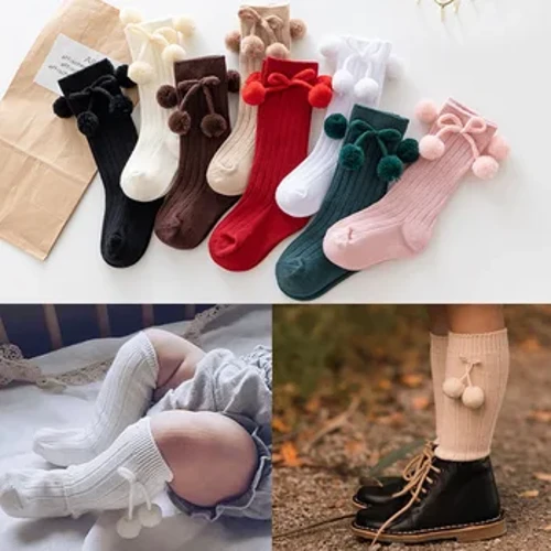 Baby Girls Cherry Ball térd magas zokni tipegő cső brit stílusú hercegnős zokni gyerekeknek kötött zokni lábmelegítő 0-5 éves korig