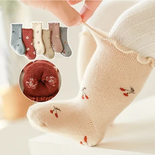 Trẻ Sơ Sinh Bé Gái Đôi Tất Cotton Terry Cho Bé Xù Màu Sắc Cổ Điển Tất Sàn Chống Trơn Trượt 0-5Y Bé Giữa Ống Bao Tay Chân cho Công Chúa