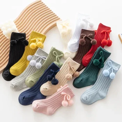 Musim Gugur Musim Dingin Kawaii Bayi Stoking Katun Inggris Putri Lutut Tinggi Panjang Busur Pom Tabung Kaus Kaki untuk Anak Perempuan Rajutan Kaus Kaki Hangat 0-4y