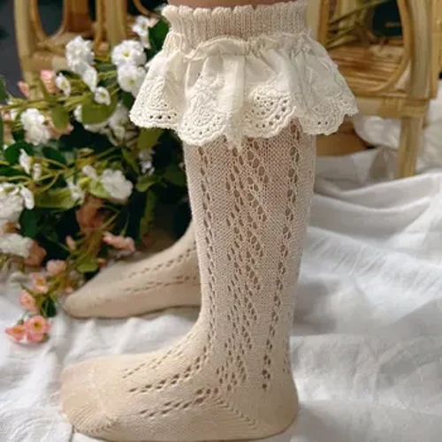 Calcetines hasta la rodilla para niñas, calcetines largos de algodón suave con encaje para niños, calcetines de princesa para niños, calentadores de piernas con volantes, calcetines bonitos para niñas de 0 a 8 años