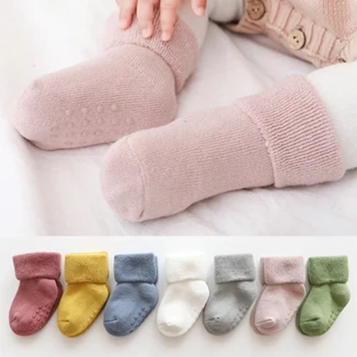 Mới Thu Đông Cho Bé Terry Tất Trẻ Em Sang Trọng Làm Dày Màu Trơn Bé Trai Bé Gái Tập Đi Chống Trơn Trượt Tất sơ Sinh Giữ Ấm Chân