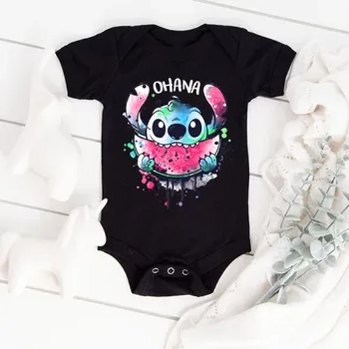 Argraffu Pwyth Kawaii Ohana Babi Dillad 100% Llewys Byr Cotwm Romper Boy Girl Bodysuit Haf Naid Newydd-anedig 0-24M