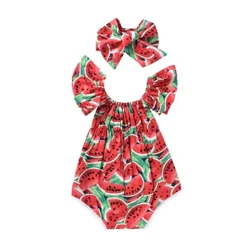 Babanod Newydd Babanod Newydd-anedig Merched Babi Watermelon Wedi'i Argraffu Bodysuit Lewysog Heulwen Dillad Achlysurol