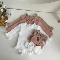 Moda criança bebê meninas macacão conjunto de algodão com nervuras manga queimado macacão + arco bandana doce recém-nascido roupas infantis