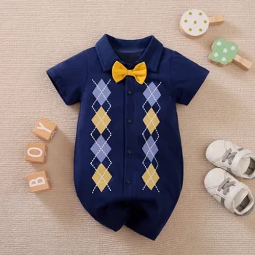 Kasuotan ng mga Sanggol na Batang Babae Mga Damit ng Sanggol Pambata Jumpsuit Kasuotan sa Romper Onesie Maikling Manggas 100% Cotton Argyle Asul na Bagong panganak na Kaswal