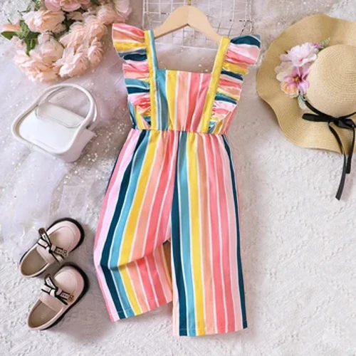Summer New Ruffle Edge Fargerik stripete jumpsuit for barne- og ungdomsskolejenter