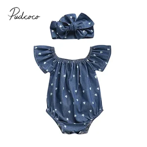 2024 Newydd Sbon 0-24M Babanod Merched Babanod Bodysuits Headband 2PCS Calonnau Cariad Llewys Fer Oddi Ar Ysgwydd Set Achosol Haf
