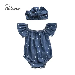 2024 Newydd Sbon 0-24M Babanod Merched Babanod Bodysuits Headband 2PCS Calonnau Cariad Llewys Fer Oddi Ar Ysgwydd Set Achosol Haf