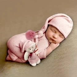 Ylsteed Bộ 3 Món Sơ Sinh Jumpsuit Đuôi Pom Mũ Bộ Búp Bê Mini Màu Hồng Cho Bé Chụp Ảnh Bộ Trang Phục Sơ Sinh Hình Cô Gái đạo Cụ