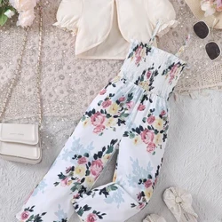 Seit Ócáideach do Leanaí Nua Samhraidh na gCailíní, Jumpsuit Clóbhuailte + Dhá Phíosa Cardigan Gearr muinchille