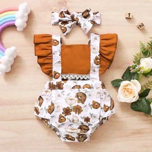 Trẻ Sơ Sinh Áo Liền Quần Bé Gái Dễ Thương Họa Tiết Xù Lông Cổ Vuông Phối Onesie Thoải Mái Liền Quần Cho Bé Mùa Hè Quần Áo Body