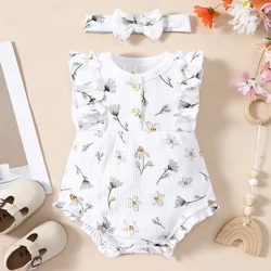 2PCS Babi Haf Arddull Achlysurol Llewysog Cotwm Pur Cain Blodau Bach Slim Fit jumpsuit Merch Fach Ciwt yn cropian Dillad