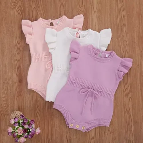Bayi Baru Lahir Bayi Perempuan Sweater Baju Monyet Ruffle Lengan Rajutan Jumpsuit Bodysuit Pakaian Musim Gugur Musim Dingin Pakaian