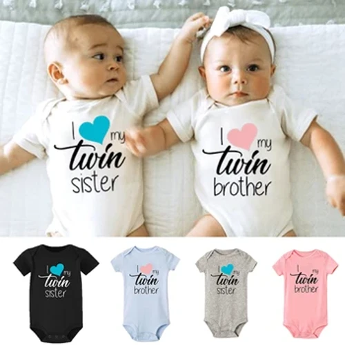 I Love My Twin Sister Kakak Baru Lahir Anak Laki-laki Anak Perempuan Lengan Pendek Jumpsuit Kembar Pakaian Bayi Ropa Musim Panas Bodysuit Unisex Hadiah Bayi