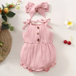 0-9 Tháng Tuổi Sơ Sinh Bé Gái Romper Áo Liền Quần Hồng Gân Sling Body + Mũ Mùa Hè Thời Trang Nút Dễ Thương Trang Trí Jumpsuit