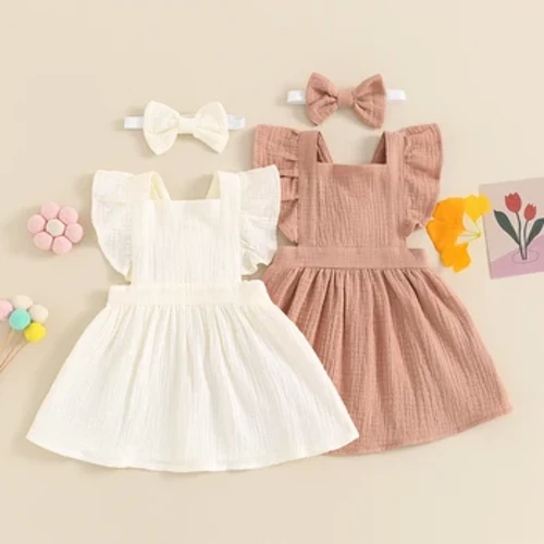 Robe d'été décontractée pour bébés filles, manches volantes, col carré, couleur unie, robe trapèze avec bandeau, vêtements