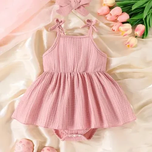 2 sorta Udako jaioberria Freskoa transpiragarria arrosa irristakorra triangelua Onesie + buruko diadema polita eta erosoa kotoizko soinekoa