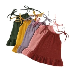Musim Panas Balita Bayi Gadis Tanpa Lengan Ruffles Gaun Sarafan Anak-anak Katun Linen Muslin Slip Gaun Pakaian