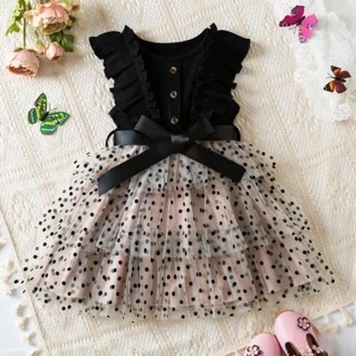 Polka nuqta yengsiz tul bolalar malika liboslari qizlar uchun yozgi to'y tug'ilgan kun partiyasi Vestido bolalar kundalik kiyimlari