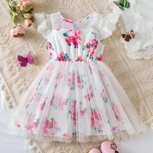 Sommarblomma Barn Prinsessa Klänning för 1-5 år Flickklänning Volanger ärm Födelsedagsfest Elegant klänning Vintage Baby Girl Kläder