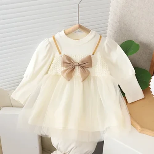 Småbarn Babyklänningar För flickor Vårbomull Långärmad Mesh Rosett Spets Flickor Klänning Mode Prinsessan Kläder för barn