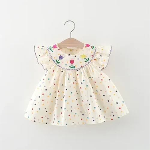 Bagong Damit ng Cute na Pambabae Sweet Rose Embroidered Maliit na Round Dots Korean Version Loose Bubble Sleeve Cotton Beach Skirt