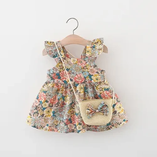 ʻAʻahu ʻaʻahu o ke kauwela pēpē kaikamahine hou Vintage Garden Flower Flying Sleeve Dress with Straw Bag