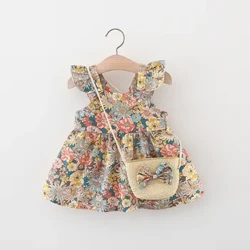 Zomermeisjesjurk voor baby's Nieuwe vintage tuinbloemjurk met vliegende mouwen en strozak