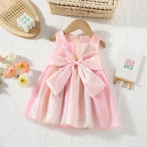 (0-3 Joer al) Summer Baby Meedchen Mesh Bow Ärmlos Prinzessin Kleed Léif Gebuertsdagsparty Kleed Strandkleed