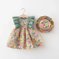 Summer Neit Meedchen Baby Strapp Kleed Fragmentéiert Blummen Kanner Ärmlos Prinzessin Kleed 0-3 Joer al Neigebuerent Kommt mat Hut