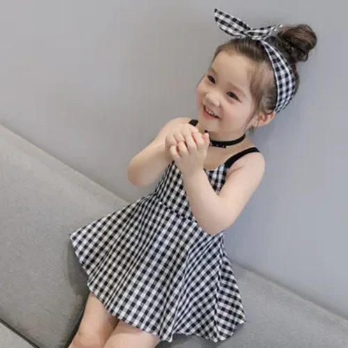 Bayi Gadis Musim Panas Gaun Anak Tanpa Lengan Plaid Sling Rok Anak Putri Gaun