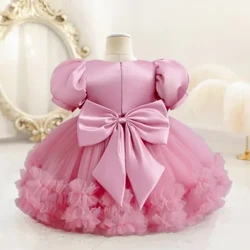 Gaun Pesta Ulang Tahun Ikatan Simpul untuk Gadis Lengan Puff Elegan Anak-anak Appliques Gaun Putri Payet Pernikahan Liburan Bayi Gadis Gaun