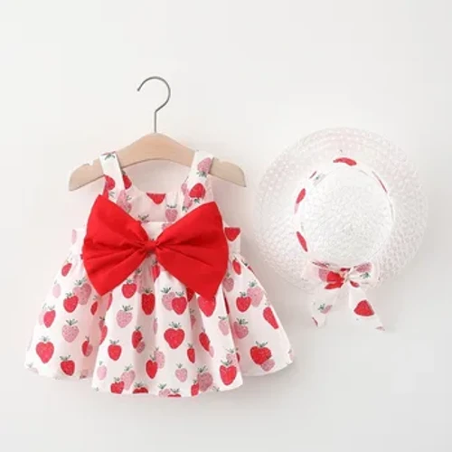 2 Pçs/set Bonito Vermelho Moda Menina Morango Vestido de Princesa com Alça Pendurada Roupas Infantis Vestido de Menina da Moda
