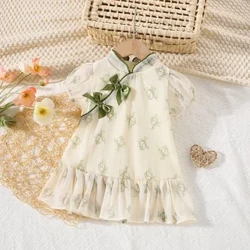 Tag-init Bagong Pambabae Damit ng Sanggol Chinese Style Mesh Banayad at Manipis Sinaunang Estilo Qipao Dress Bubble Sleeves Bowtie Lace Fold Sweet