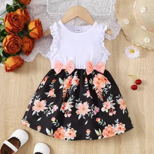 Quần Áo Bé Gái Mùa Hè Họa Tiết Áo Đầm Không Tay Phong Cách Mục Vụ Tiệc Cưới Kèm Nơ Cho Bé Gái 0-3 Tuổi