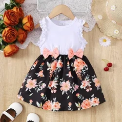 Quần Áo Bé Gái Mùa Hè Họa Tiết Áo Đầm Không Tay Phong Cách Mục Vụ Tiệc Cưới Kèm Nơ Cho Bé Gái 0-3 Tuổi