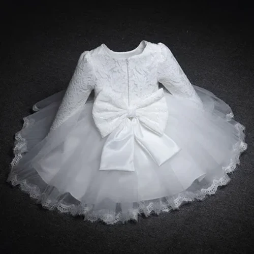 Langärmlige Kleider für Babys für Weihnachtsfeiern, Hochzeiten, Spitzenkleider mit großen Schleifen, weißes Prinzessinnenkleid zum 1. Geburtstag für Mädchen