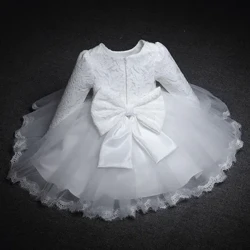 Langärmlige Kleider für Babys für Weihnachtsfeiern, Hochzeiten, Spitzenkleider mit großen Schleifen, weißes Prinzessinnenkleid zum 1. Geburtstag für Mädchen
