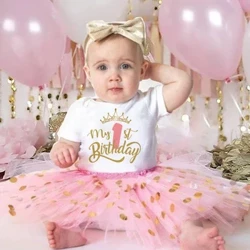 Sinh nhật 1 tuổi của tôi Váy sinh nhật bé gái + Bộ đồ liền thân Váy Tutu bánh hồng + Trang phục áo liền quần Bộ quần áo mùa hè cho bé gái Jumpsuit