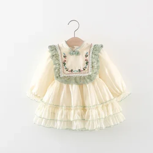 Abiti da bambina a maniche lunghe primaverili e autunnali, gonna da principessa in pizzo tinta unita con bottoni ricamati e colletto rialzato