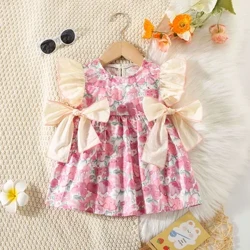 Summer Puppelchen Meedchen Kleed voller Print a Faarf passend zwee grouss Béi mat fléien Ärmelen Prinzessin Kleed fir Meedercher