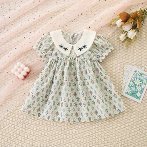 Summer Meedchen Kleed Puppelchen Meedchen bedeckt a Blieder Blummen Drécker Revers Bubble Ärmel Prinzessin Kleed Kanner Kleed