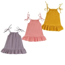 Summer Puppelcher Puppelchen Meedchen Kleed Kleeder Muslin Koteng Ärmlos Ruffles Rutsch kleet