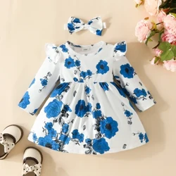 2 peças vestido casual de manga comprida com estampa de flores para bebês meninas + faixa de cabeça grátis, conjunto de vestido infantil com opções multicoloridas