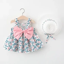 2 Chiếc Mùa Hè Cho Bé Gái Đi Biển Đầm Công Chúa Nơ Dễ Thương Hoa Không Tay Cotton Cho Bé Áo + Sunhat Bộ Quần Áo Sơ Sinh
