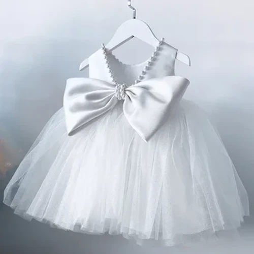Summer Kleed Baby Meedercher 1. Gebuertsdag Daf Party Kanner Backless Bow Léif Baby Wäiss Kleed Beading Hochzäit Prom Kleeder Vestidos