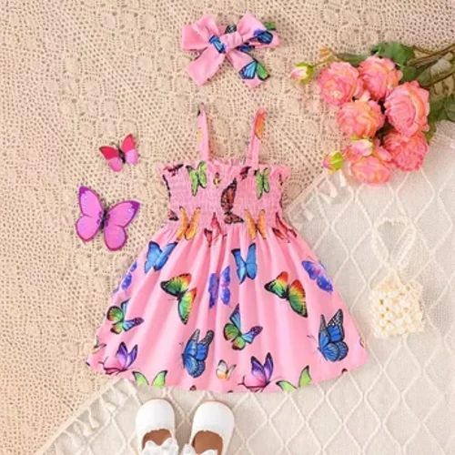 Baby Girl Summer Style Suspender Color Butterfly Wrap Waist Cute Dress