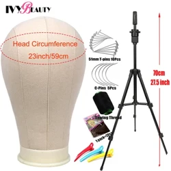 21-24 inch Training Mannequin Wig Head Canvas Block Head With Stand T Pin Needles Na May Adjustable Tripod Stand Para sa Paggawa ng Wig
