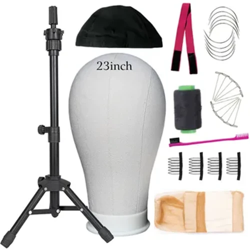 Testa di manichino per parrucca da 23 pollici con treppiede per parrucca, set di teste di tela per manichino per parrucche che realizzano display con cappucci per parrucca, set di perni a T